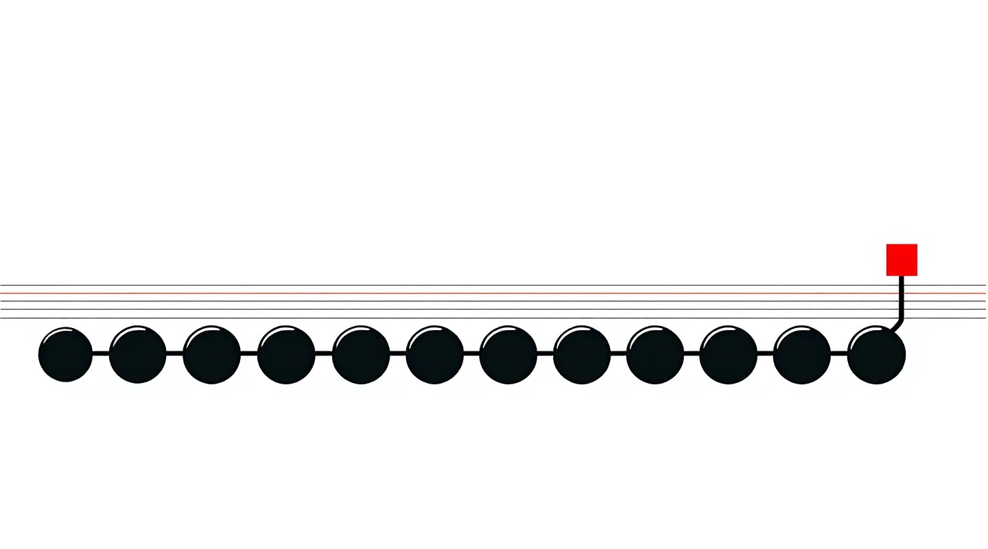 Modernist illustration of a 15-amino-acid peptide chain with three red proline positions